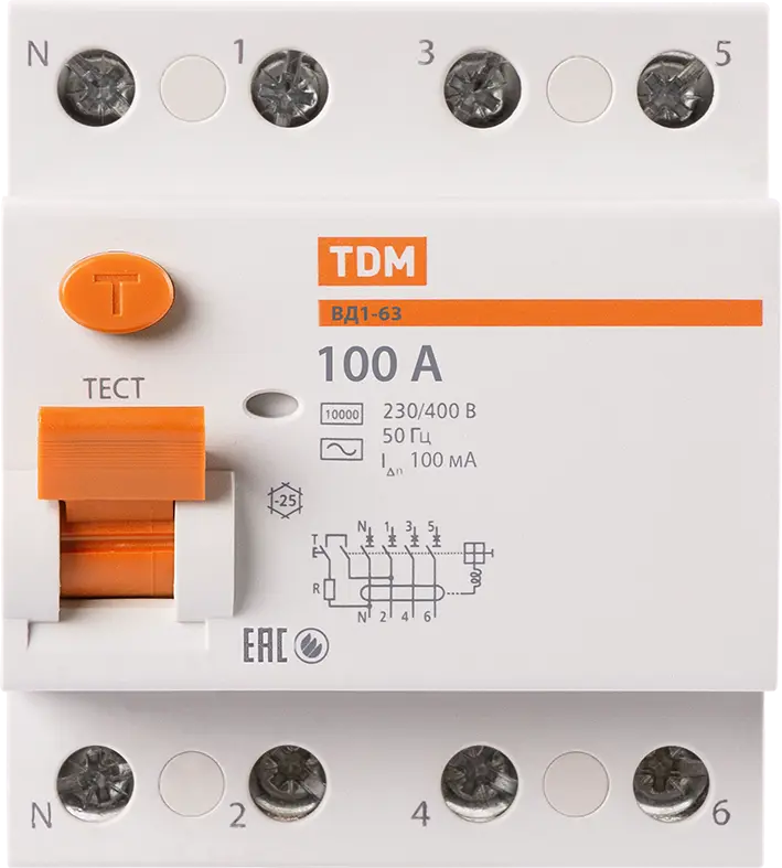 УЗО Tdm Electric ВД1-63 4P 100 A 100 мА 45 кА AC SQ0203-0048 6363₽