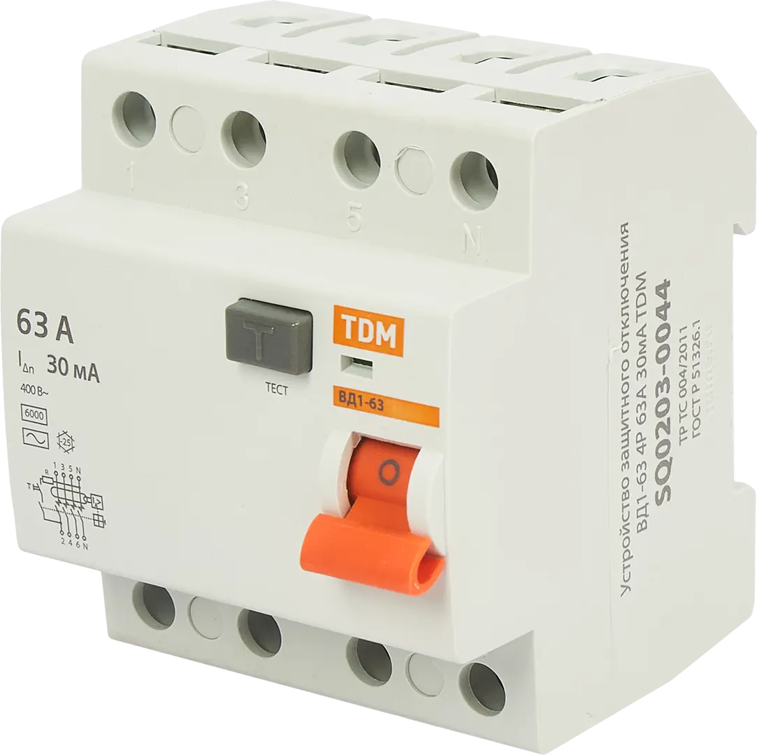 УЗО Tdm Electric ВД1-63 4P 63 A 30 мА 4.5 кА AC SQ0203-0044