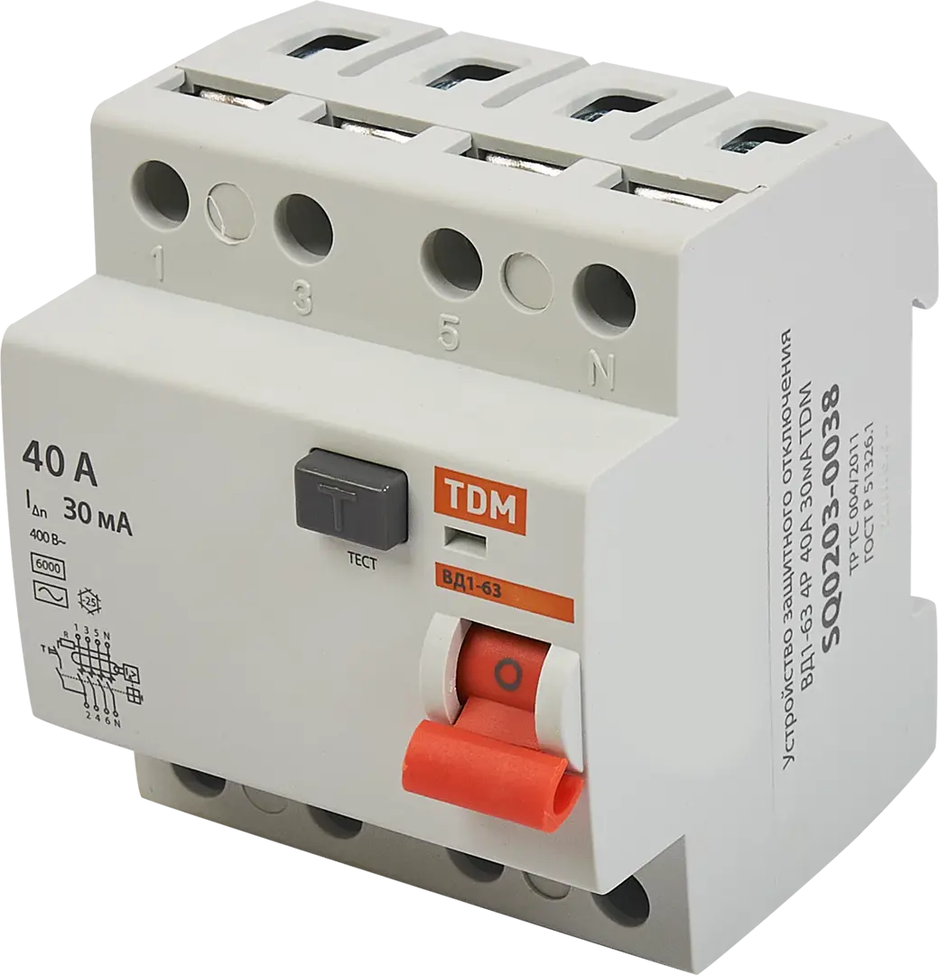 УЗО Tdm Electric ВД1-63 4P 40 A 30 мА 4.5 кА AC SQ0203-0038