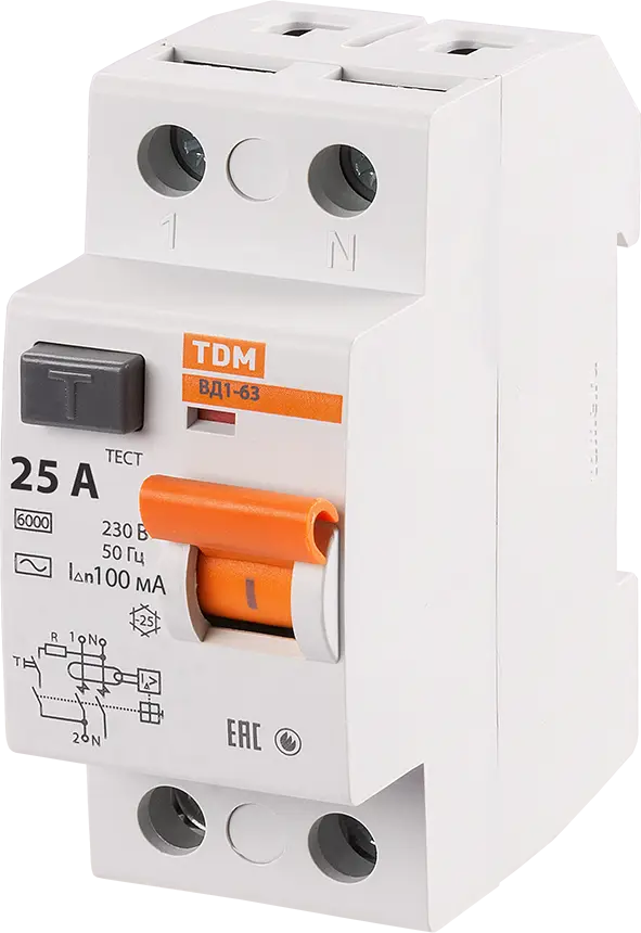 УЗО Tdm Electric ВД1-63 2P 25 A 100 мА 4.5 кА AC SQ0203-0005