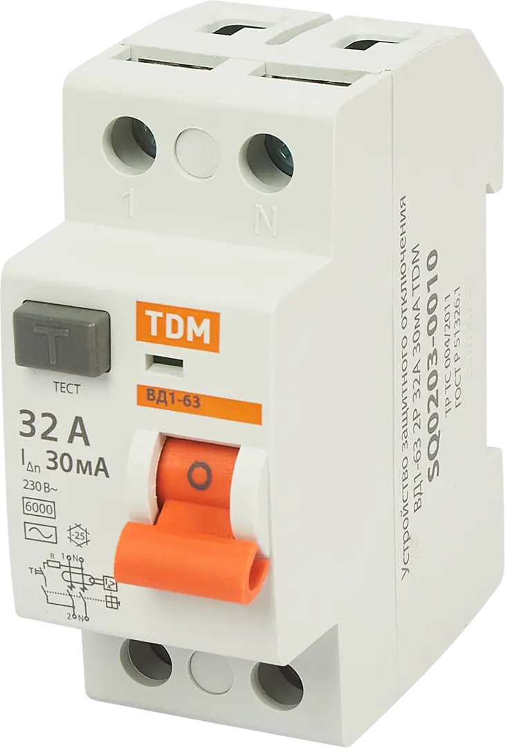 

УЗО Tdm Electric ВД1-63 2P 32 A 30 мА 4.5 кА AC SQ0203-0010