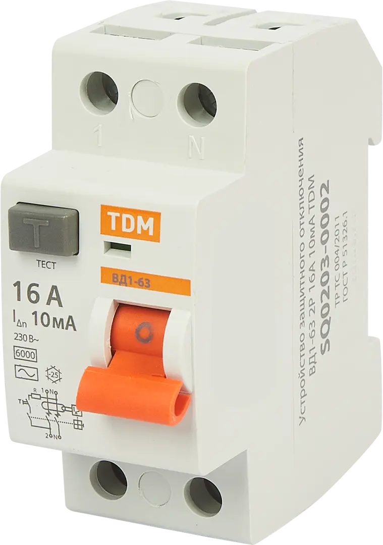 УЗО Tdm Electric ВД1-63 2P 16 A 10 мА 4.5 кА AC SQ0203-0002