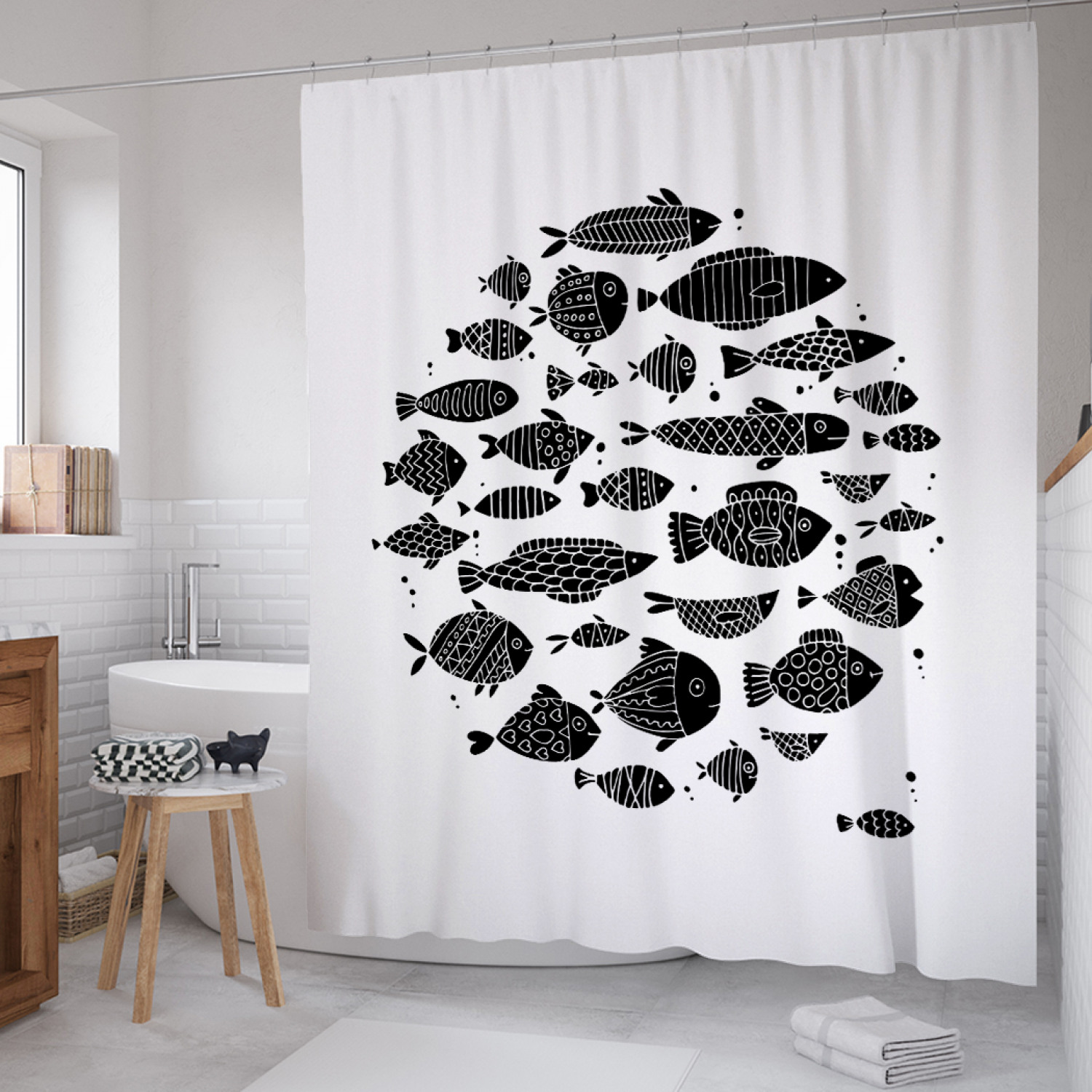 

Штора для ванной JoyArty "Орнамент в графических рыбках" из сатена, 180х200 см с крючками, Белый, Орнамент в графических рыбках