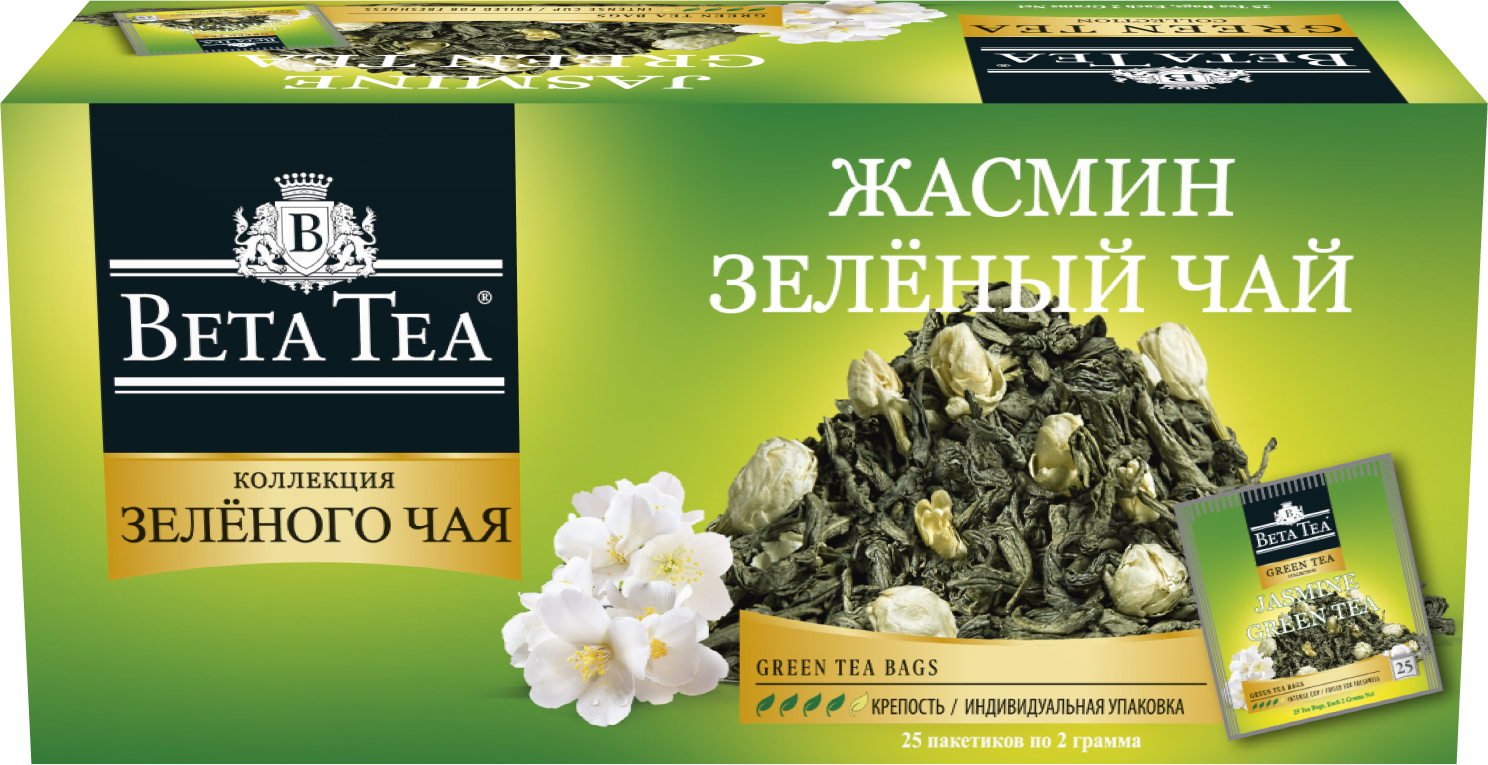 Чай зелёный Beta Tea байховый, мелколистовой, с жасмином, 25 пакетиков