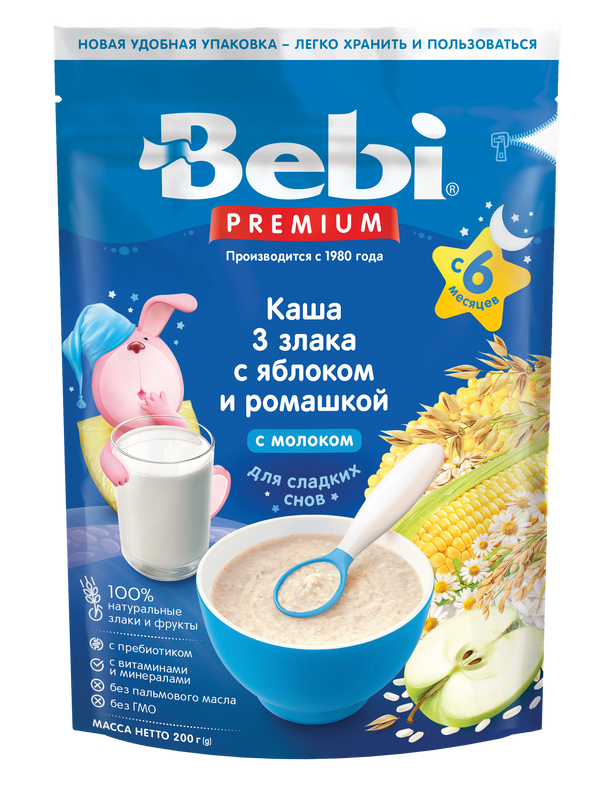 Каша Bebi Premium молочная, 3 злака, с яблоком и ромашкой, с 6 месяцев, zip-пакет, 200 г
