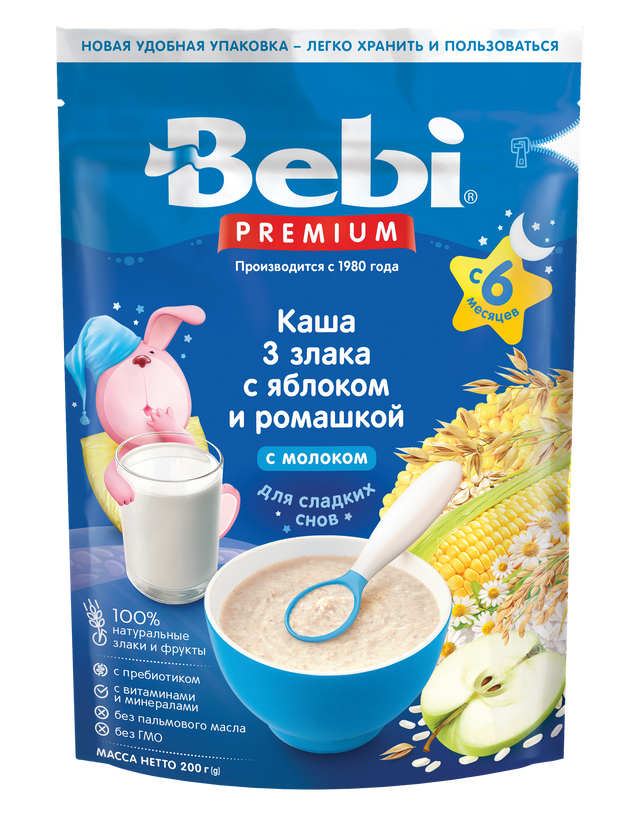 фото Молочная каша bebi premium 3 злака с яблоком и ромашкой с 6 мес. 200 гр. 1020092