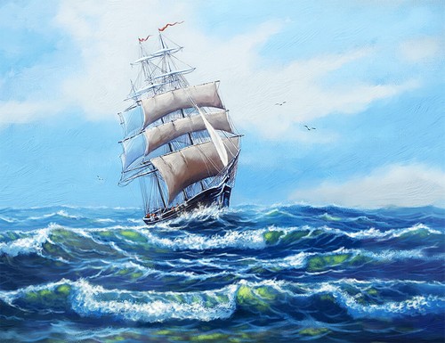 фото Цветной мир ярких идей алмазная вышивка корабль с белыми парусами lmc285, 50x65 см