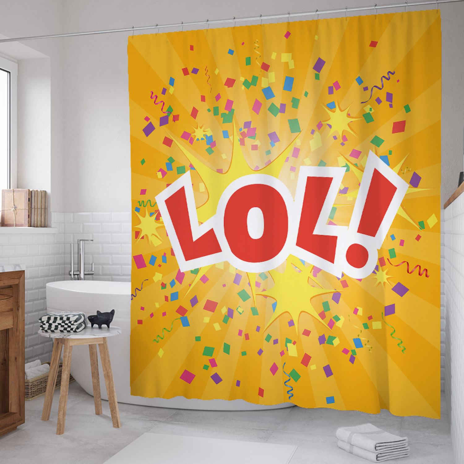 

Штора для ванной JoyArty "Громкий смех в конфетти" из сатена, 180х200 см с крючками, Желтый, Громкий смех в конфетти