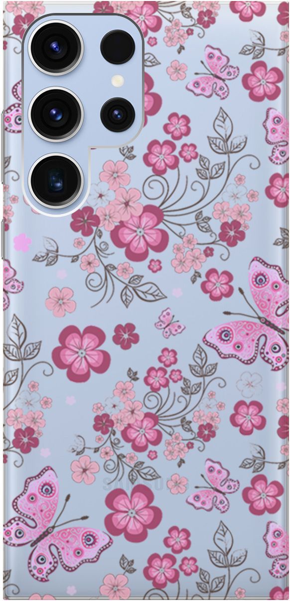 

Чехол на Samsung Galaxy S23 Ultra "Butterflies and Flowers", Прозрачный;розовый, 158345