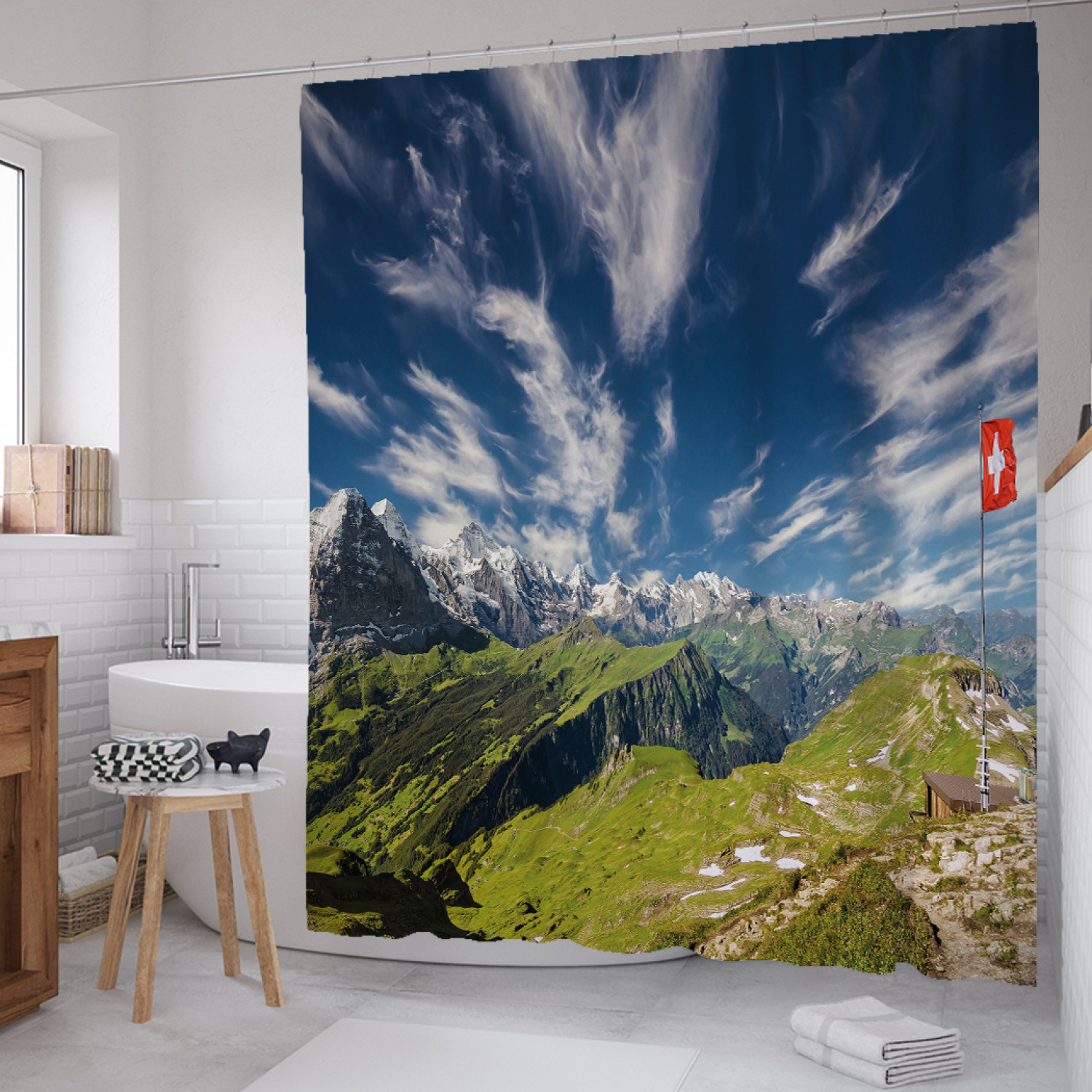 

Штора для ванной JoyArty "На склоне горы" из сатена, 180х200 см с крючками, Синий, На склоне горы