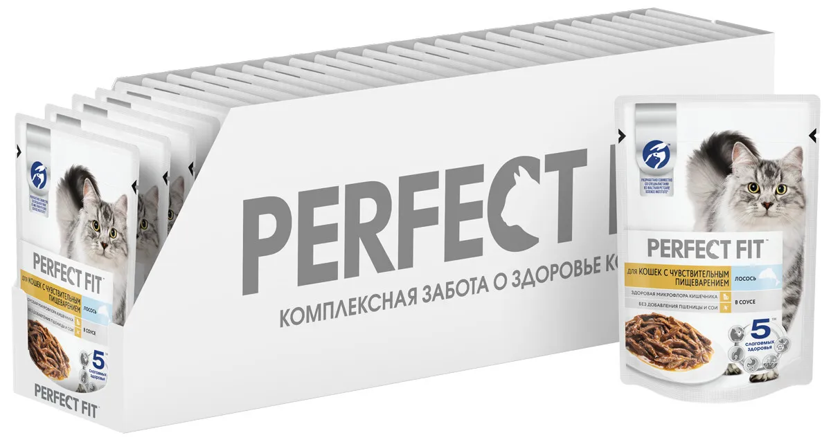 фото Влажный корм для кошек perfect fit для чувствительного пищеварения, с лососем 75 г х 28 шт