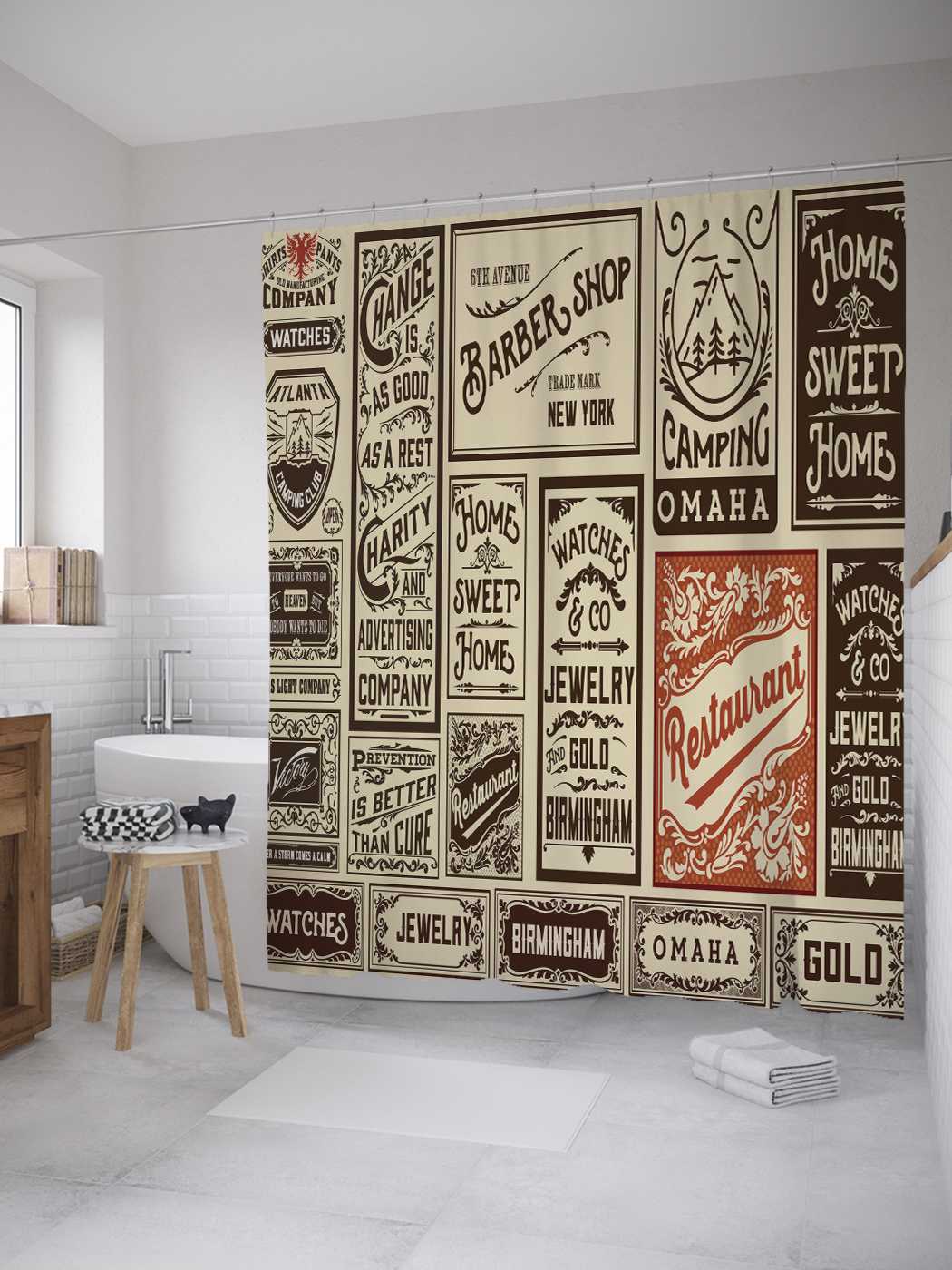 

Штора для ванной JoyArty "Рекламные вывески" из сатена, 180х200 см с крючками