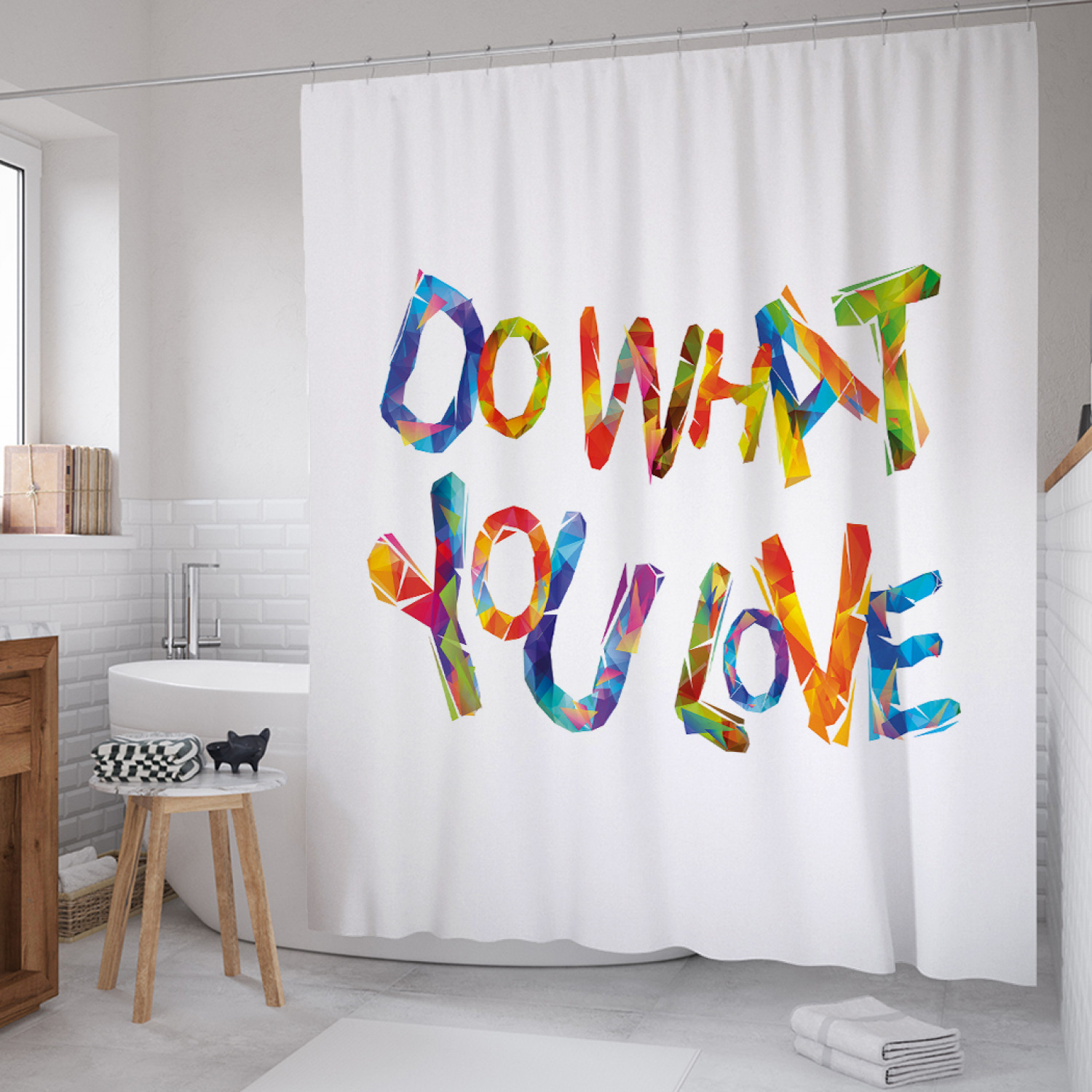 

Штора для ванной JoyArty "Разноцветная цитата" из сатена, 180х200 см с крючками, Белый, Разноцветная цитата