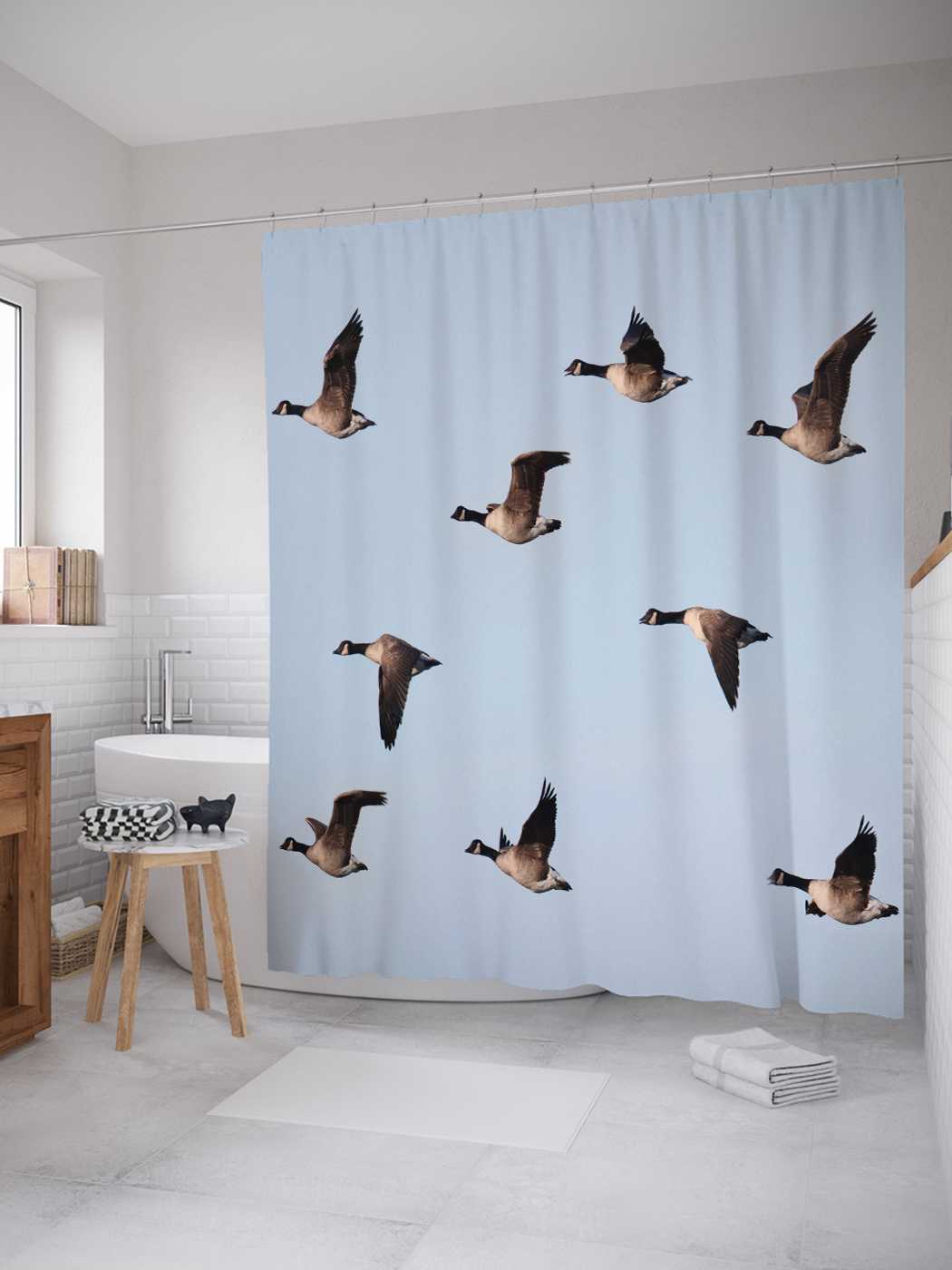 

Штора для ванной JoyArty "Летящие утки" из сатена, 180х200 см с крючками, Серый