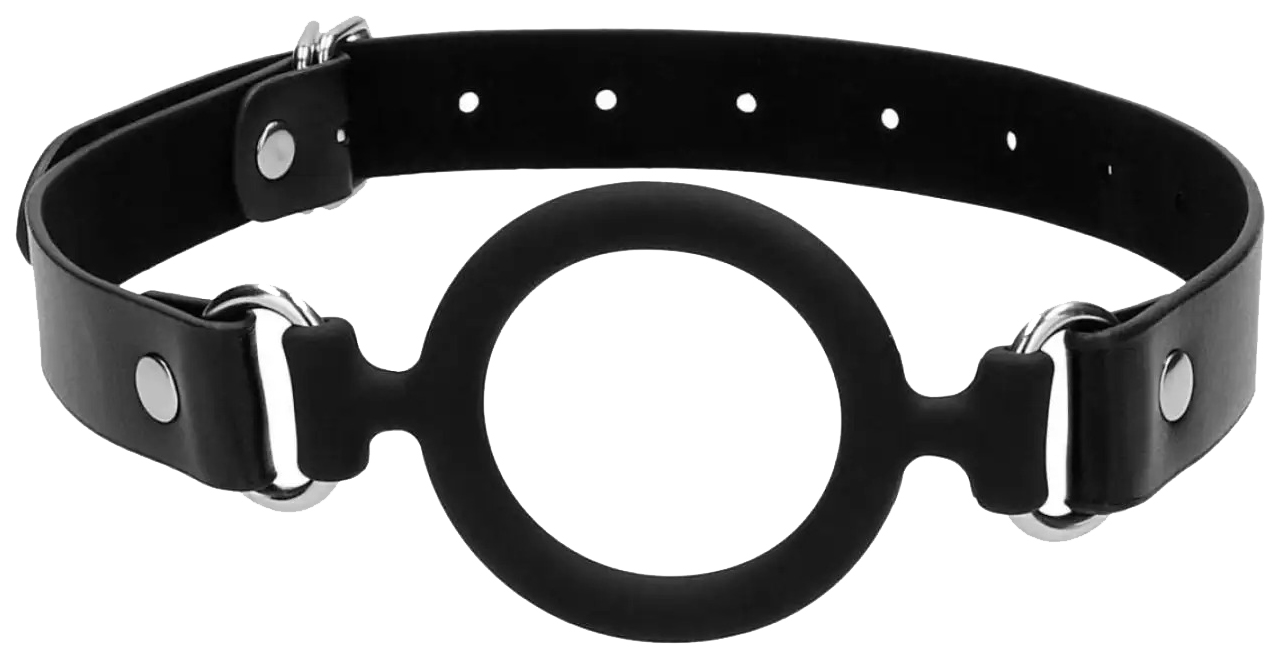 фото Черный кляп-кольцо с кожаными ремешками silicone ring gag with leather straps shots media bv