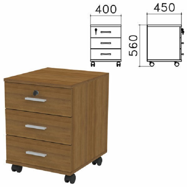 фото Тумба подкатная "канц", 400х450х560 мм, 3 ящика, замок, цвет орех пирамидальный, тк29.9