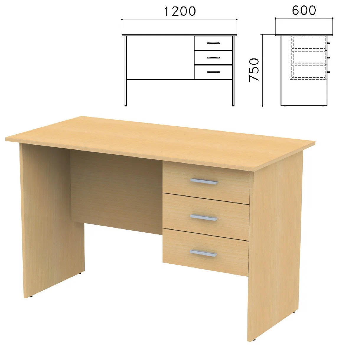 фото Стол письменный "канц", 1200х600х750 мм, тумба 3 ящика, цвет бук невский, ск27.10