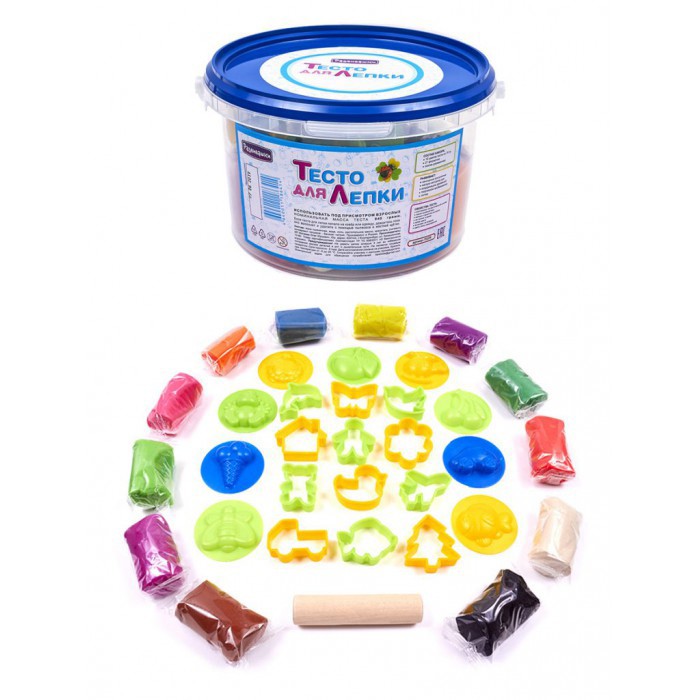 Набор ДТ Тесто для лепки Ляпсик 12 цв. по 70гр +21 формочка, скалка в ведре П109