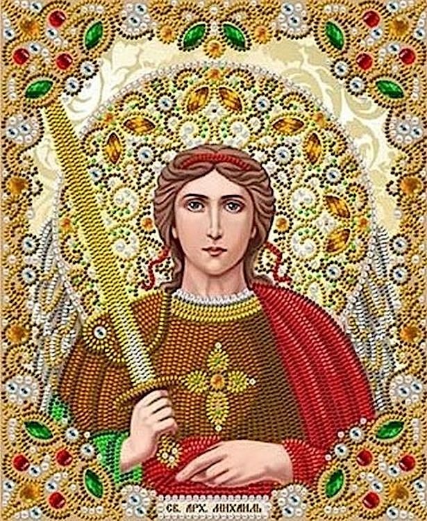 

Рисунок на ткани Архангел Михаил в жемчуге и кристаллах