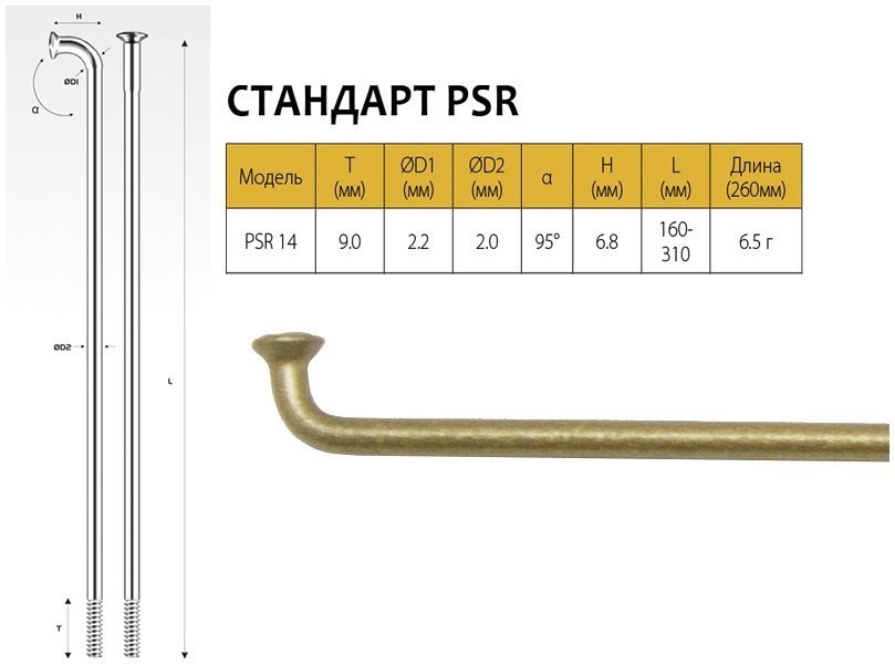 фото Pillar спицы psr 14, 2,0мм 14gx266 мм, золотистые