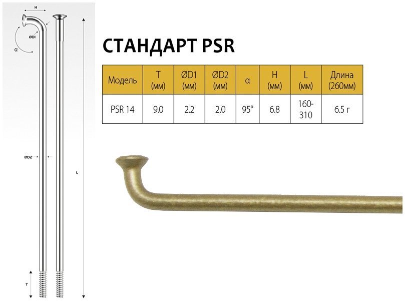 фото Pillar спицы psr 14, 2,0мм 14gx262 мм, золотистые