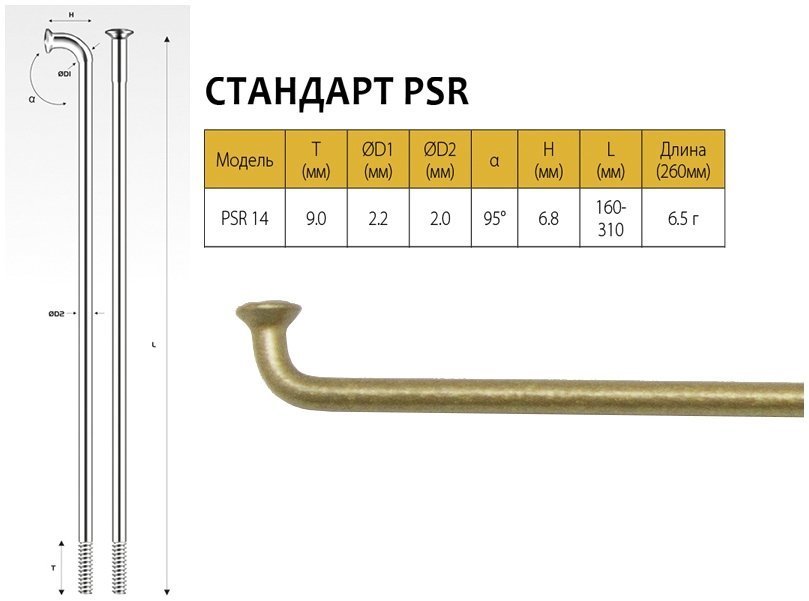 фото Pillar спицы psr 14, 2,0мм 14gx258 мм, золотистые