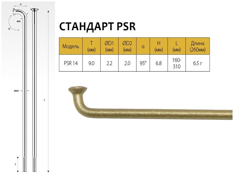 PILLAR Спицы PSR 14, 2,0мм 14GX256 мм, золотистые