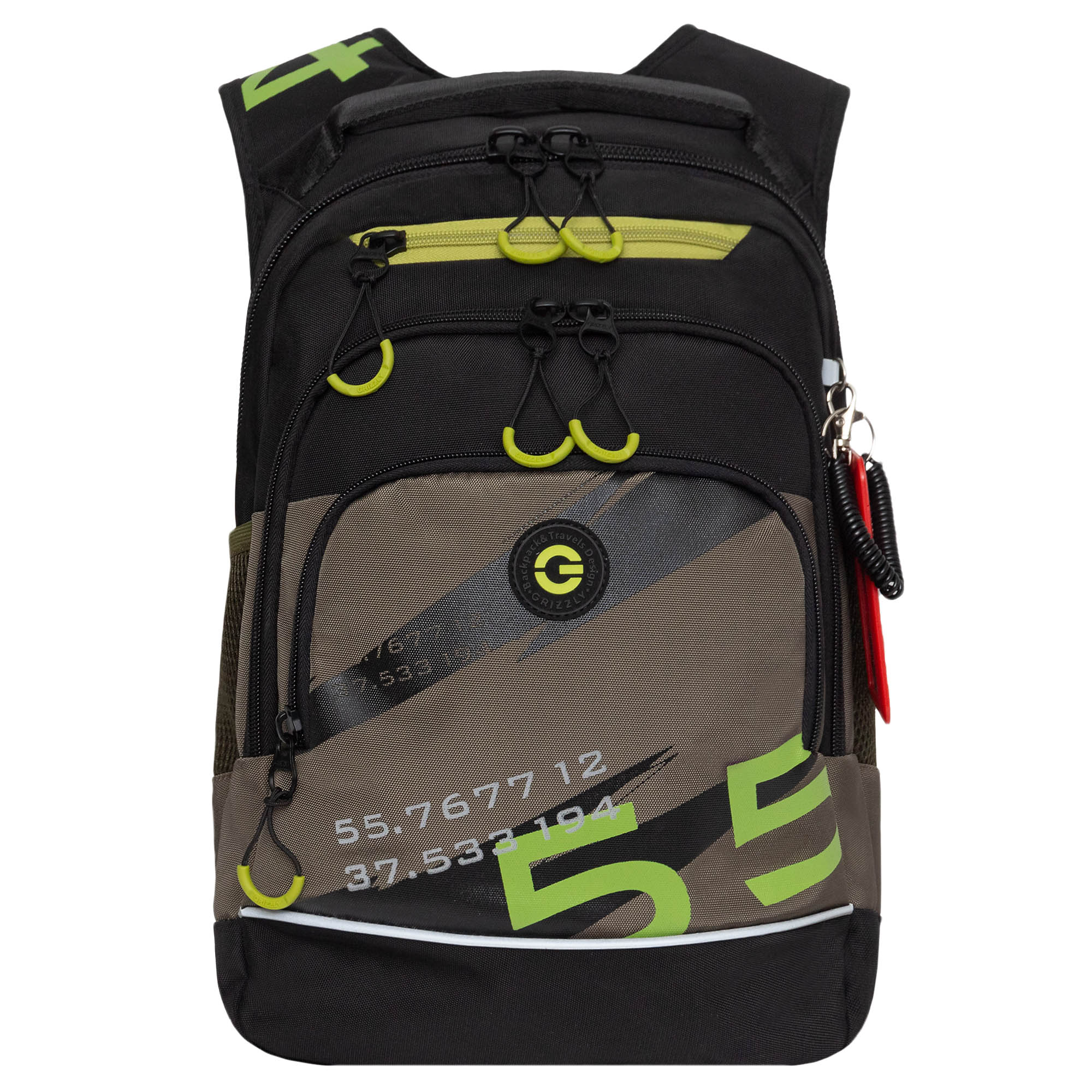 Рюкзак школьный Grizzly с карманом для ноутбука 13, анатомический, черный, хаки