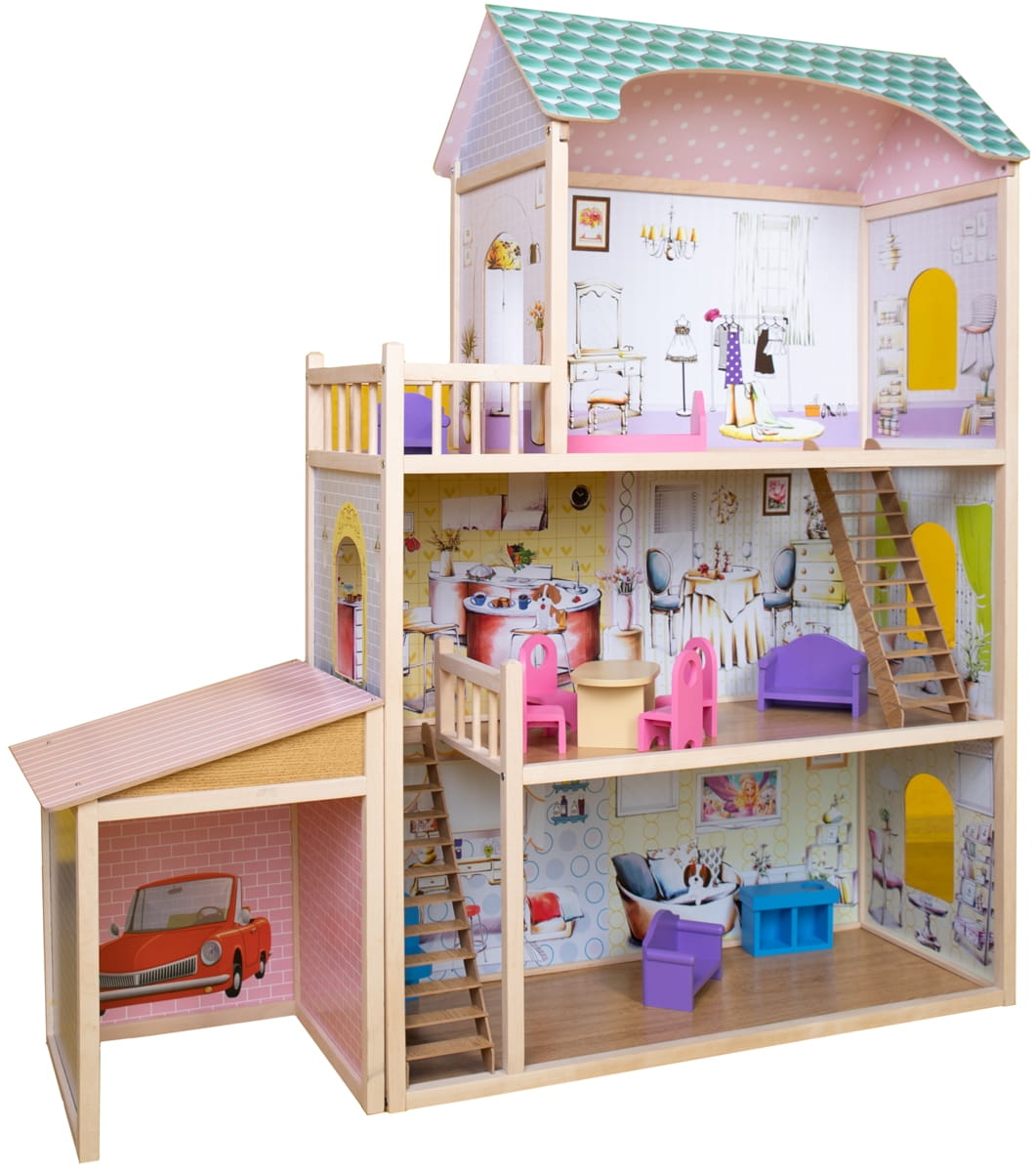 фото Деревянный кукольный домик с мебелью и гаражом dreamtoys алина