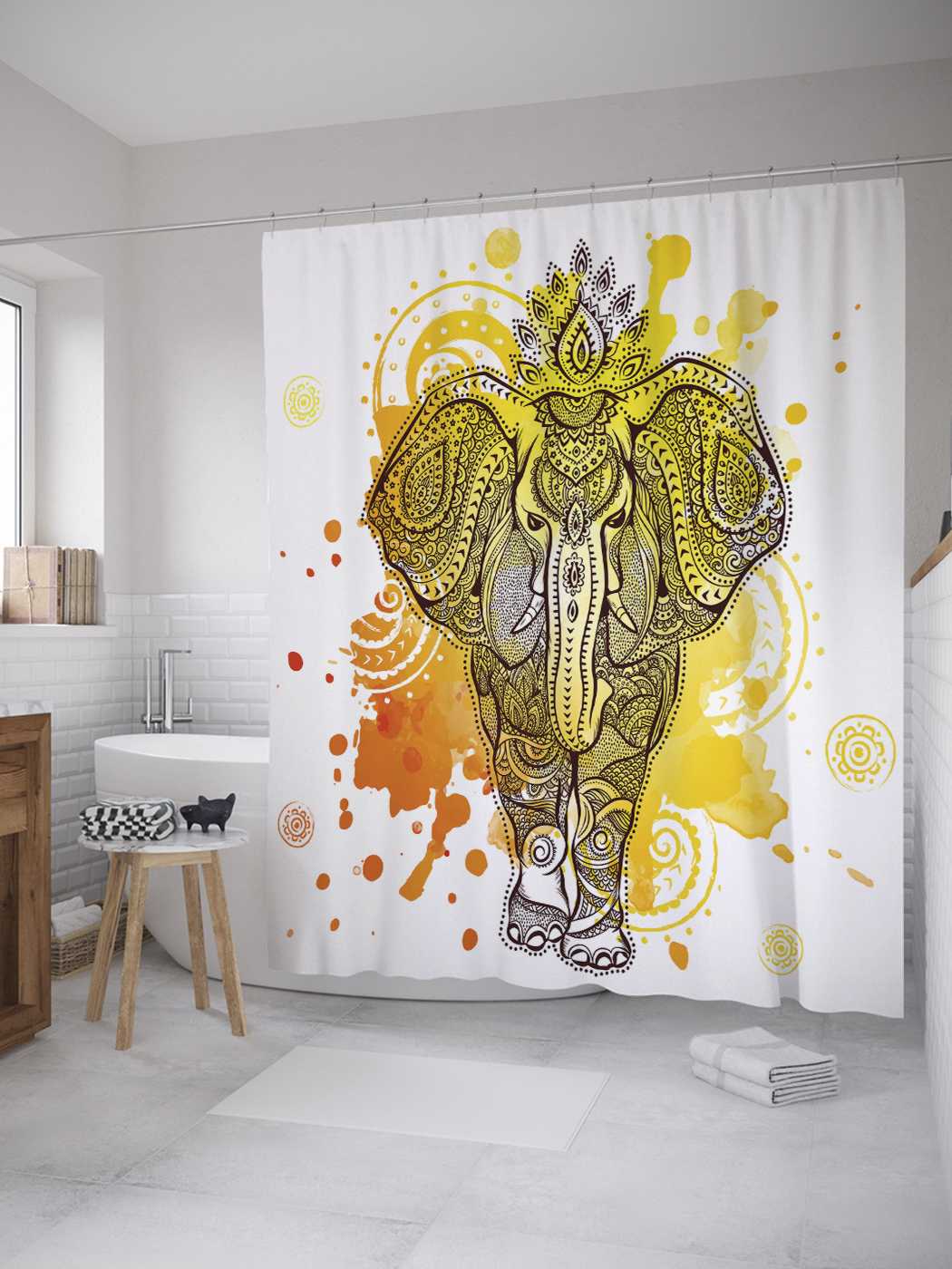 

Штора для ванной JoyArty "Грозный красочный слон" из сатена, 180х200 см с крючками, Белый