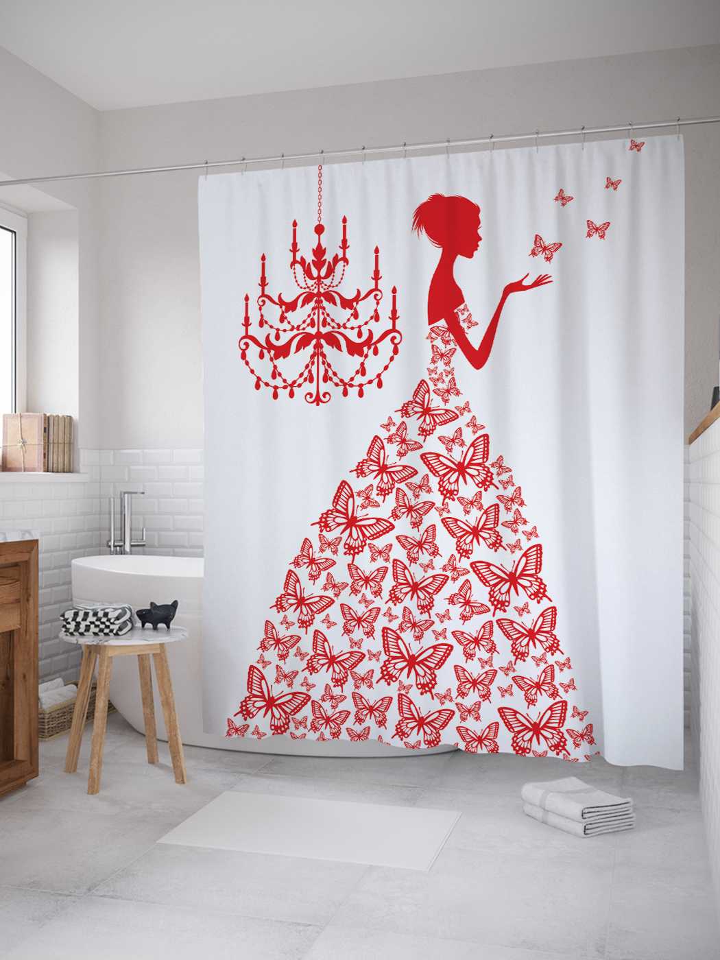 фото Штора для ванной joyarty "платье с красными бабочками" из сатена, 180х200 см с крючками