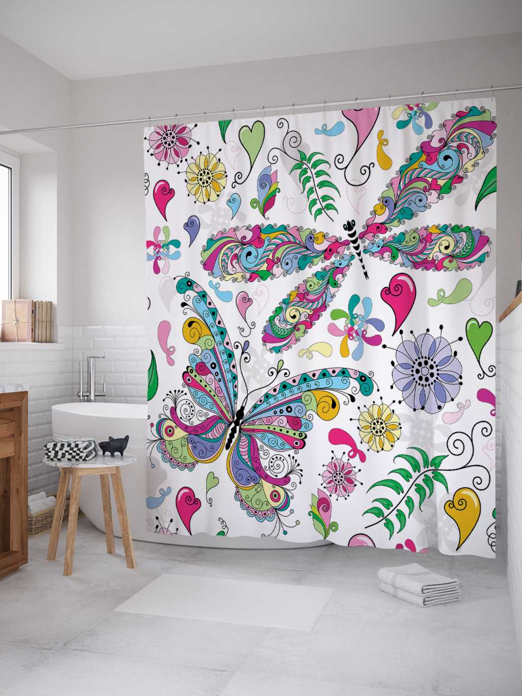 

Штора для ванной JoyArty "Красочные бабочки и стрекозы" из сатена, 180х200 см с крючками, Белый