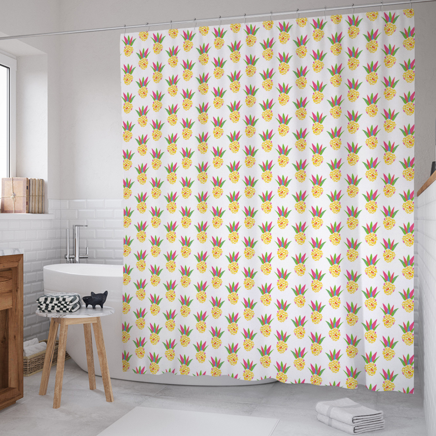 

Штора для ванной JoyArty "Ананасы-шуты" из сатена, 180х200 см с крючками, Белый, Ананасы-шуты