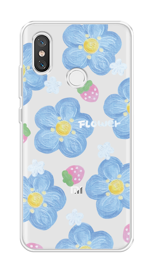 

Чехол на Xiaomi Mi 8 "Цветы и клубники", Прозрачный;голубой;белый, 33550-1