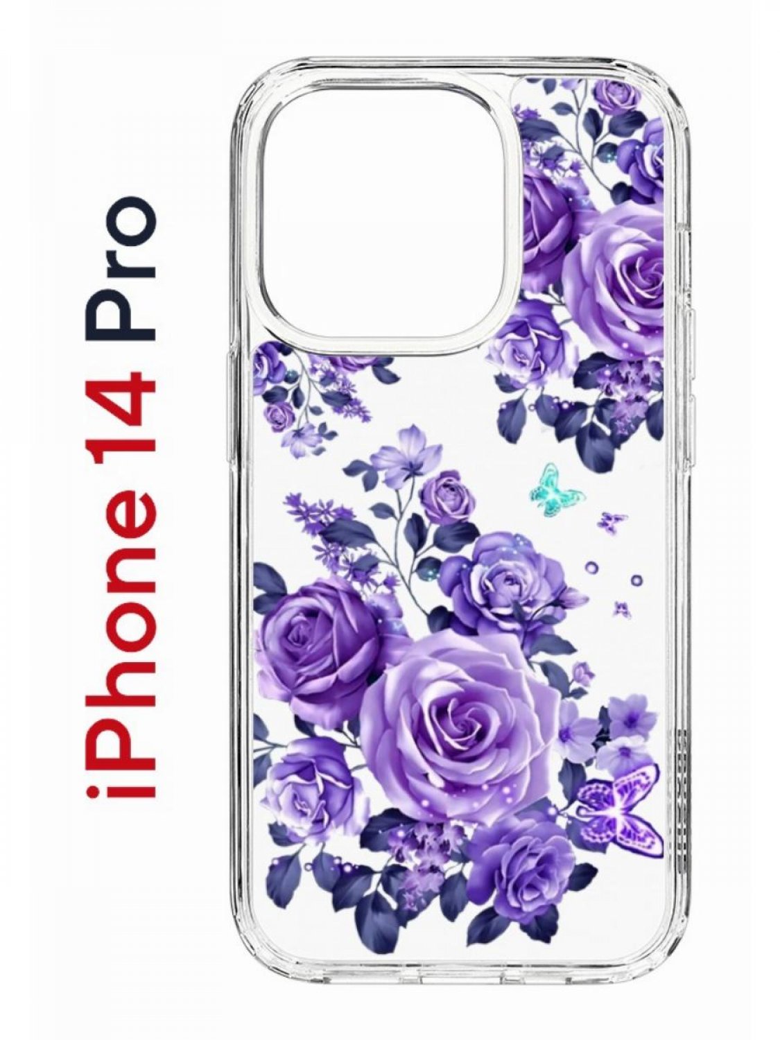 

Чехол на iPhone 14 Pro с принтом Kruche Print Roses, бампер с защитой камеры, Прозрачный;фиолетовый;синий;голубой, Айфон 14 про