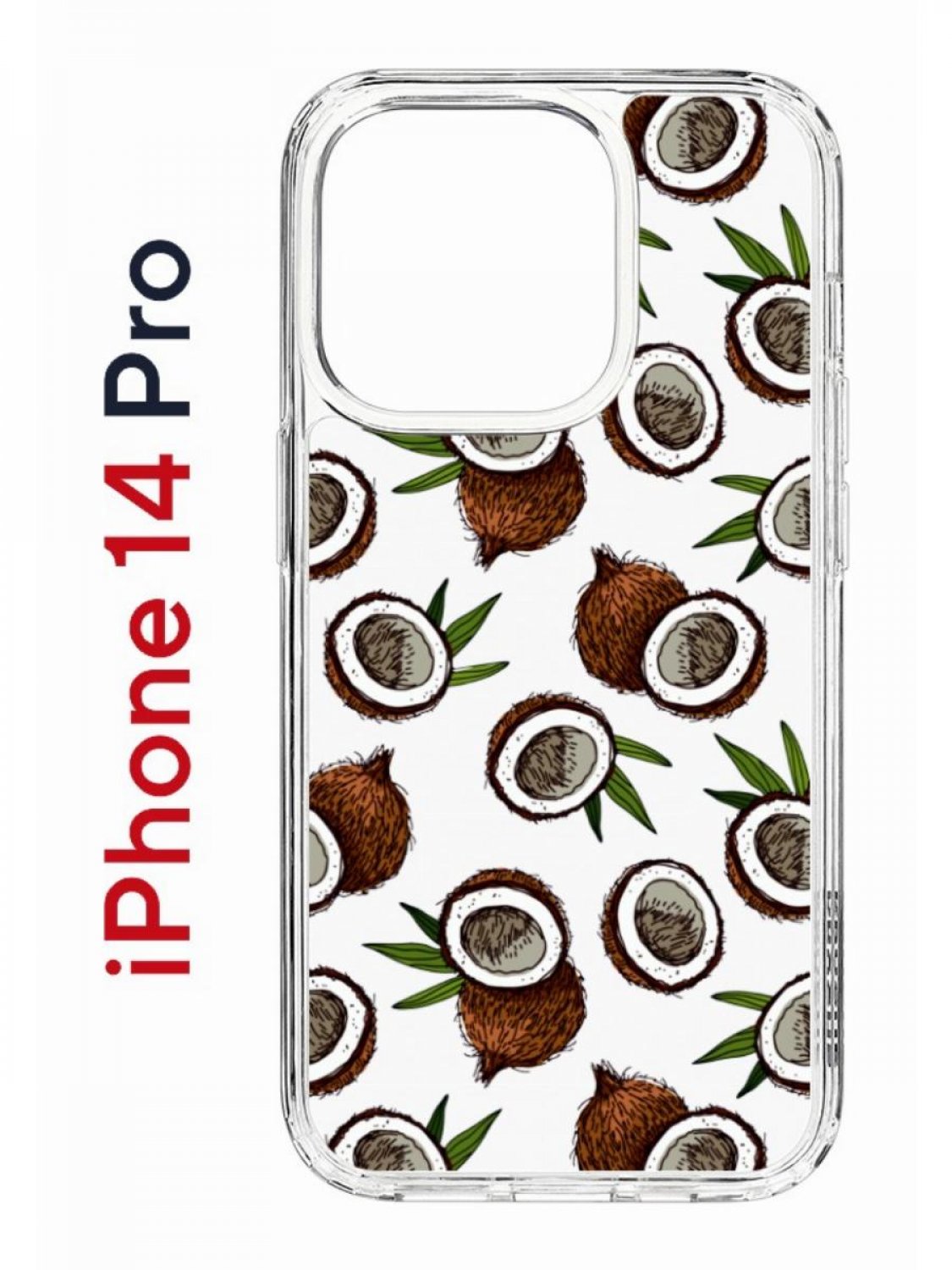 

Чехол на iPhone 14 Pro с принтом Kruche Print Кокосы, бампер с защитой камеры, Прозрачный;коричневый;зеленый;белый, Айфон 14 про