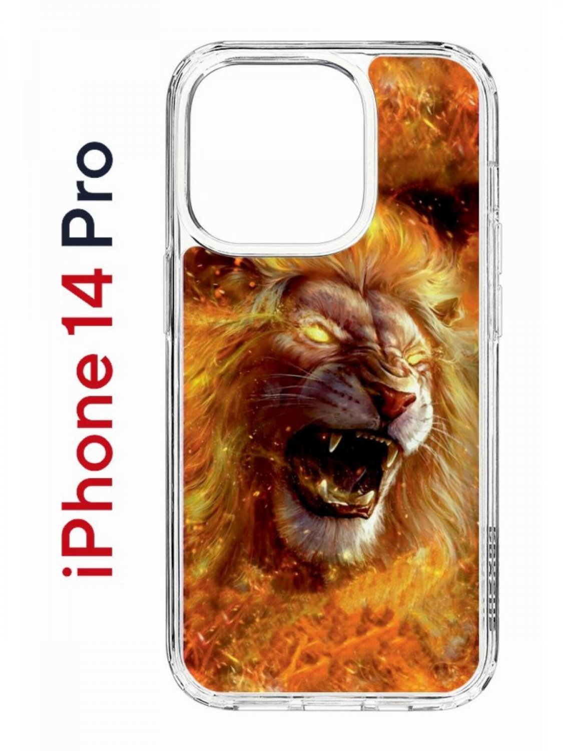 

Чехол на iPhone 14 Pro с принтом Kruche Print Лев, бампер с защитой камеры, Прозрачный;оранжевый;желтый;коричневый, Айфон 14 про