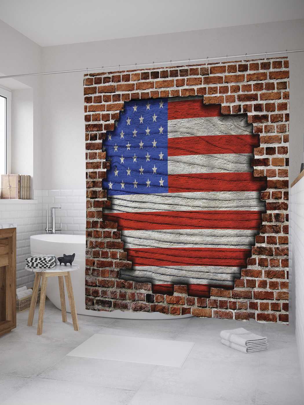 

Штора для ванной JoyArty "Флаг США на кирпичах" из сатена, 180х200 см с крючками
