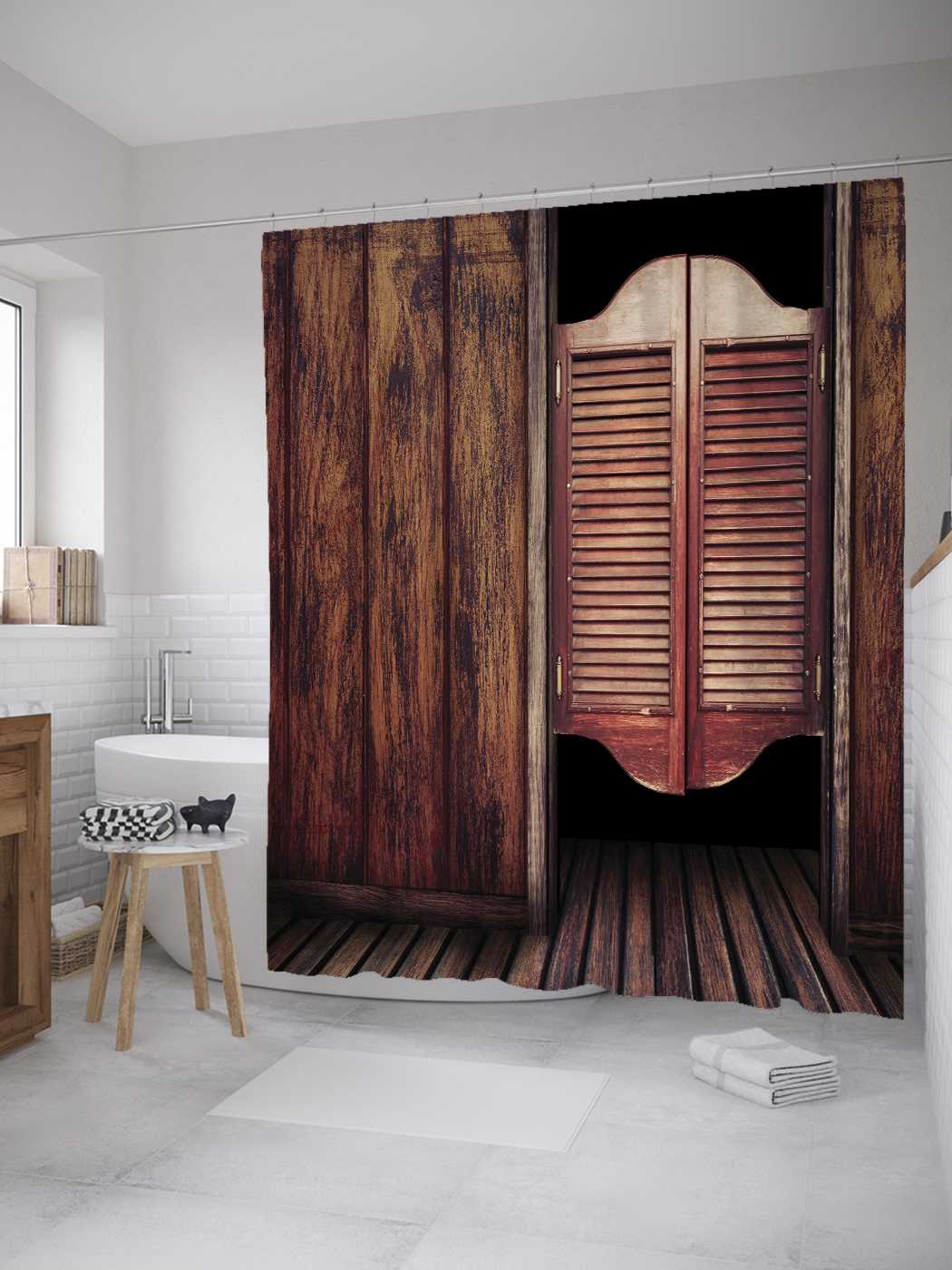 

Штора для ванной JoyArty "Старые западные двери салуна" из сатена, 180х200 см с крючками, Черный