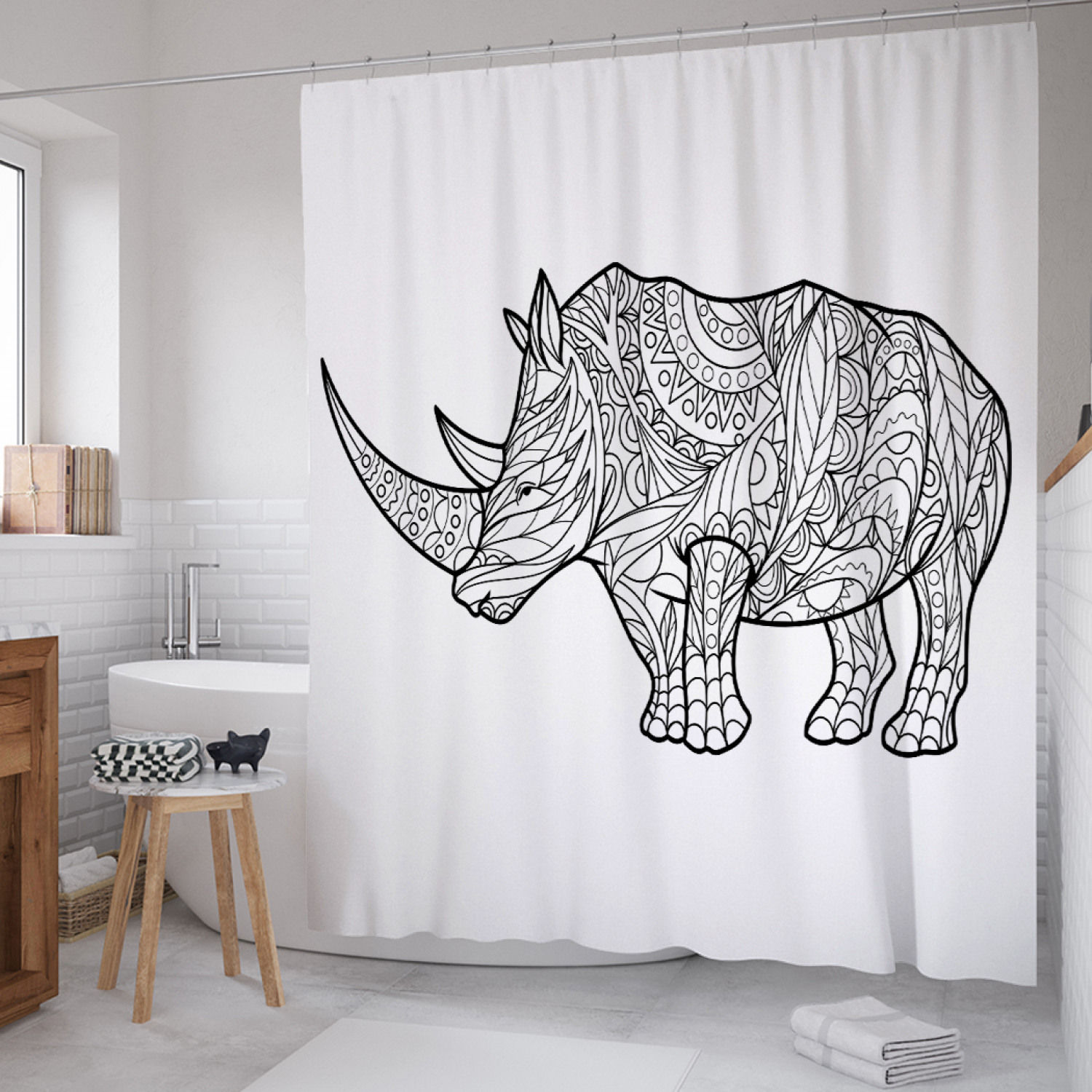 

Штора для ванной JoyArty "Орнаментальный носорог в графике" из сатена, 180х200 см, Белый, Орнаментальный носорог в графике