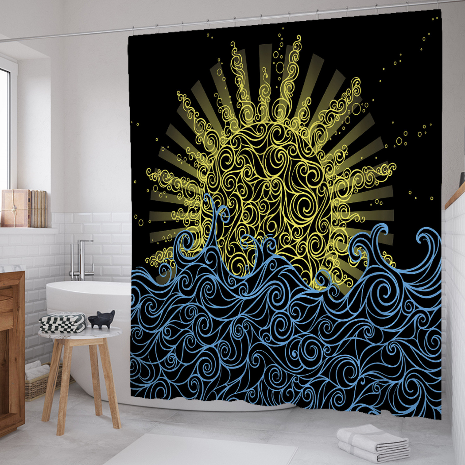 

Штора для ванной JoyArty "Солнце и морские волны" из сатена, 180х200 см с крючками, Синий, Солнце и морские волны