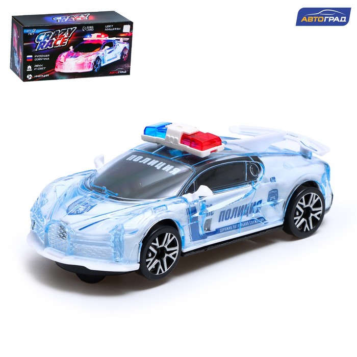 Машина «Crazy race, полиция», русская озвучка, свет, работает от батареек, цвет белый машина перевёртыш радиоуправляемая полиция работает от батареек красный