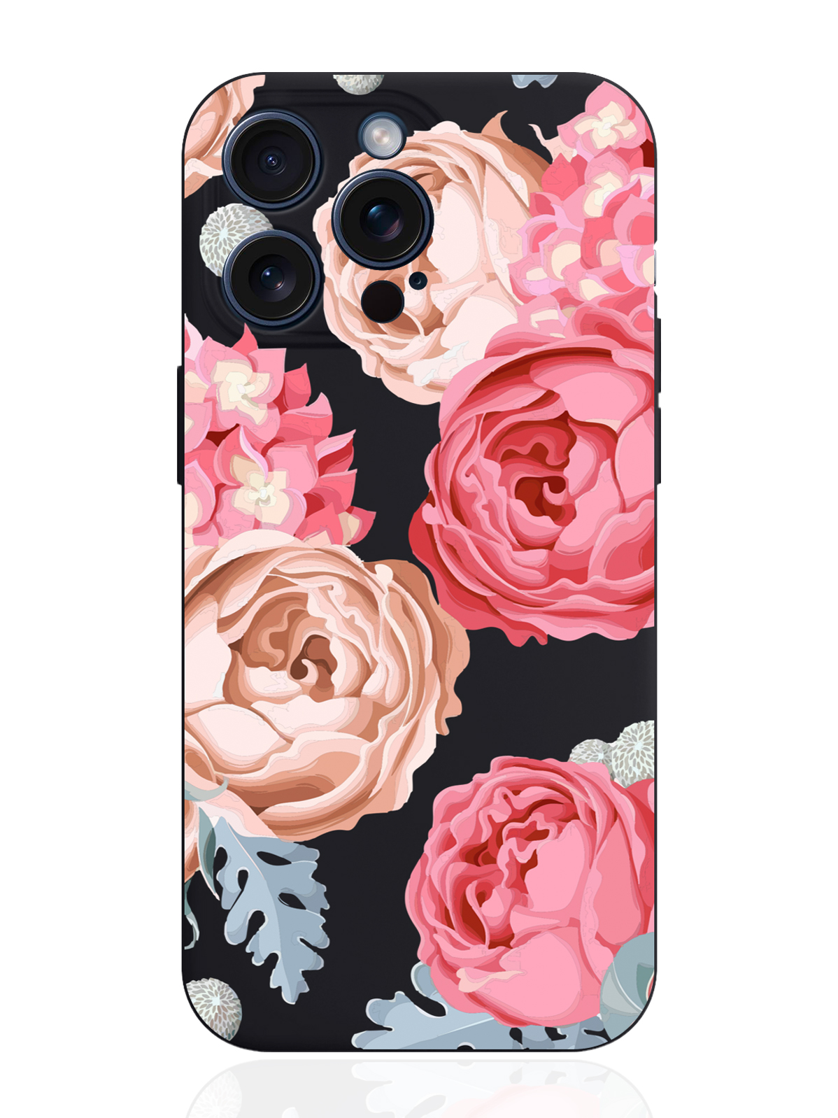 

Чехол для смартфона iPhone 15 Pro Max Пионы силиконовый черный, Розовый