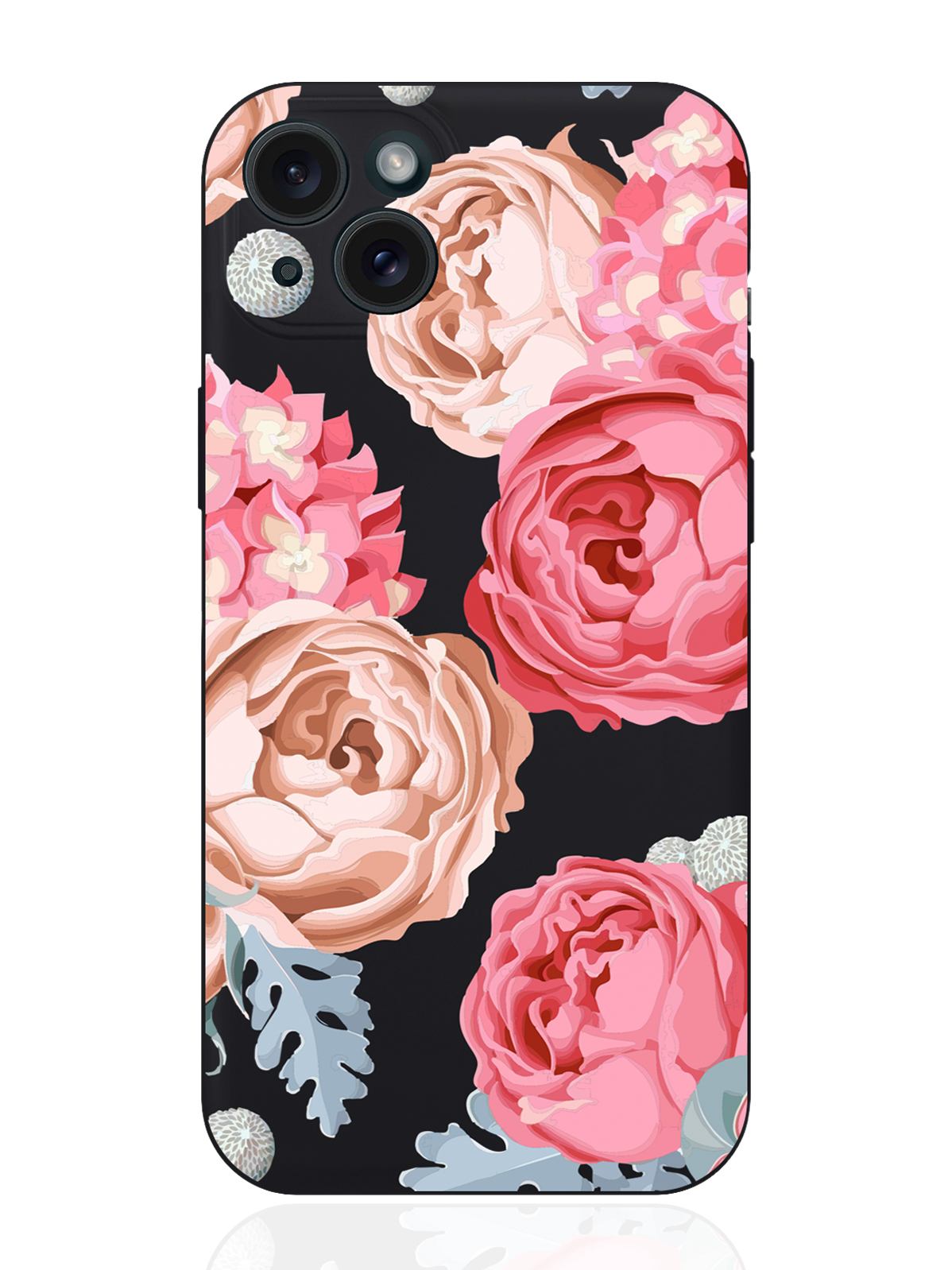 

Чехол для смартфона iPhone 15 Plus Пионы силиконовый черный, Розовый