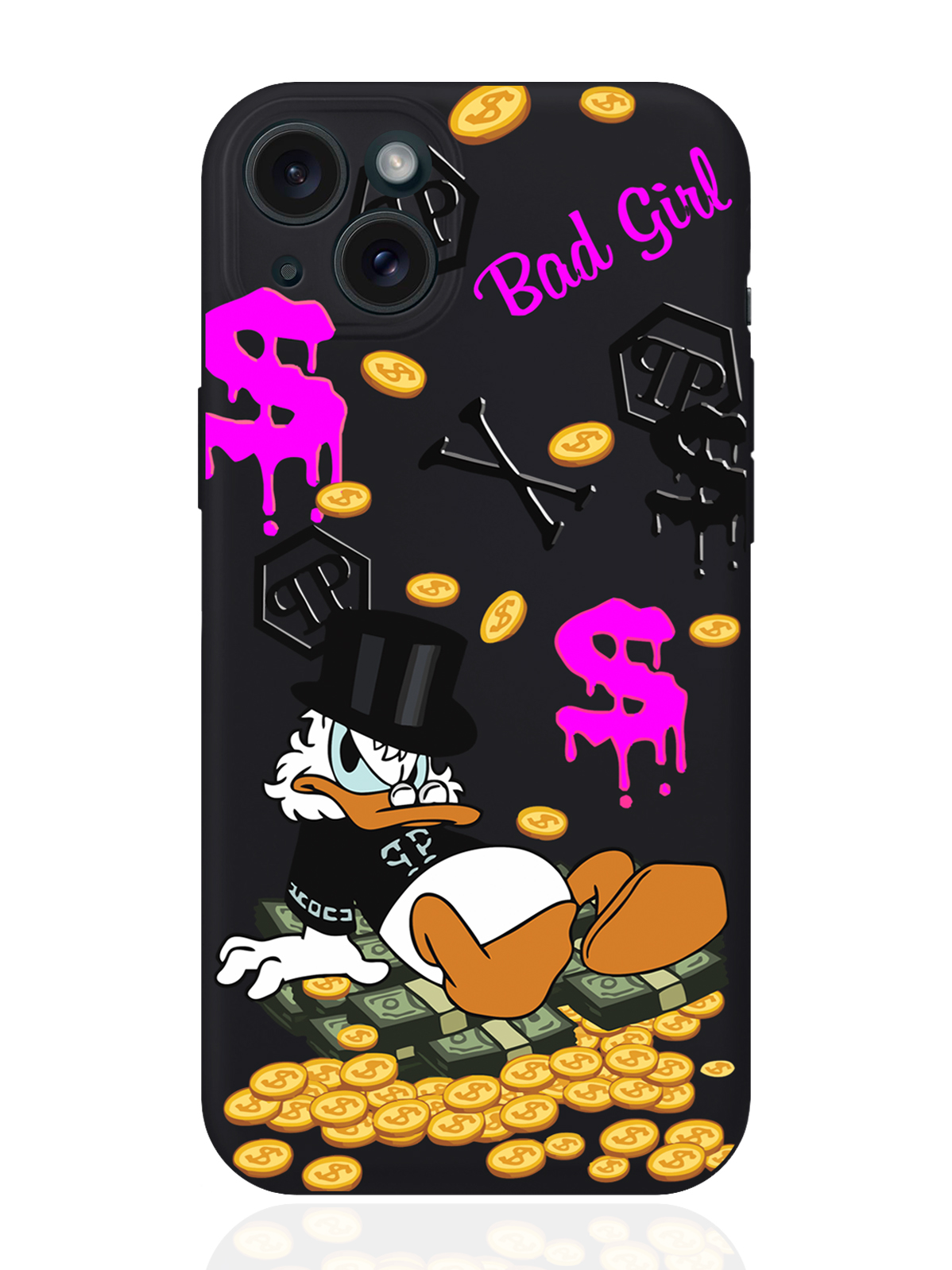 

Чехол для смартфона iPhone 15 Plus Богатая Утка Bad Girl силиконовый черный, Черный;розовый