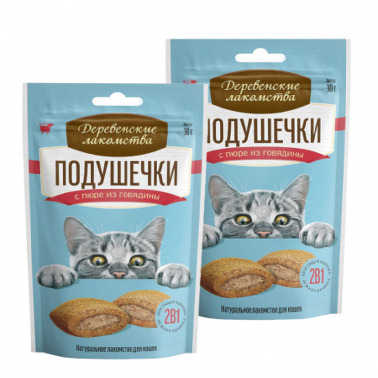 

Лакомство для кошек Деревенские лакомства Подушечки с пюре, говядина, 2шт по 30г