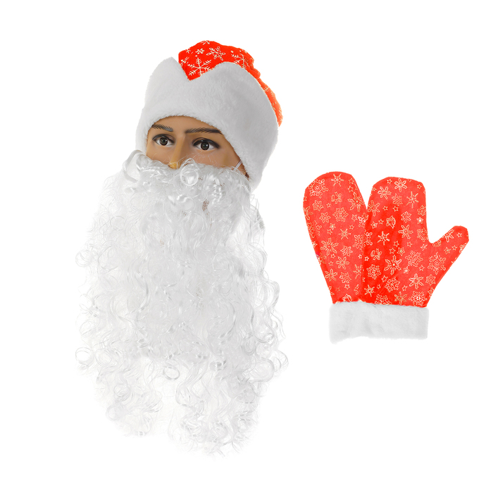 фото Набор "деда мороза" шапка красная со снежинками, борода, варежки, обхват головы 54-58 страна карнавалия