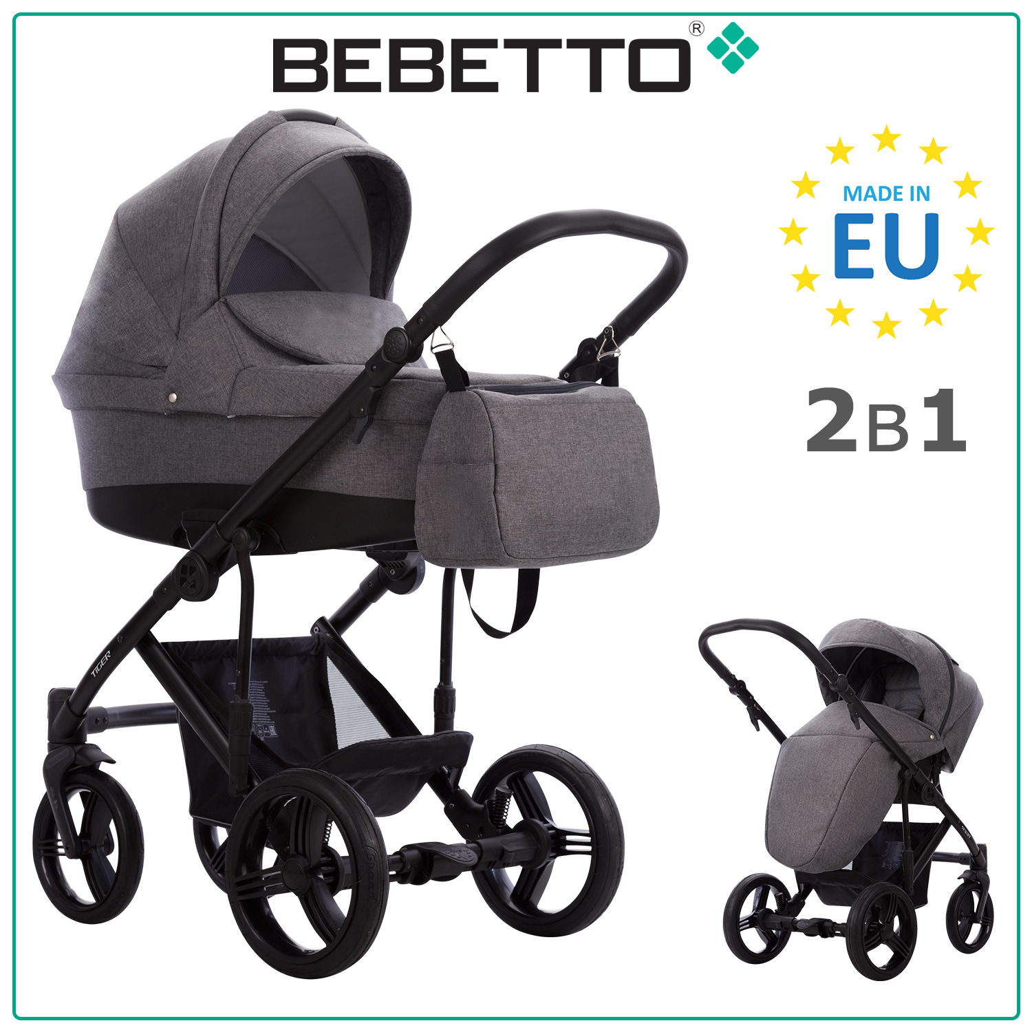 

Коляска детская Bebetto 2 в 1 Tiger LUX LJ195, серый, рама черная, 0+, Tiger LUX