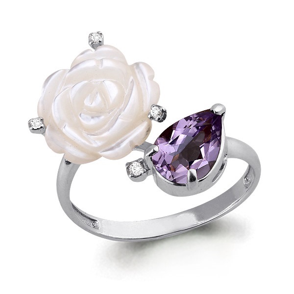 

Кольцо из серебра с аметистом/фианитом/перламутром р. Aquamarine 6570904, 6570904_925_р