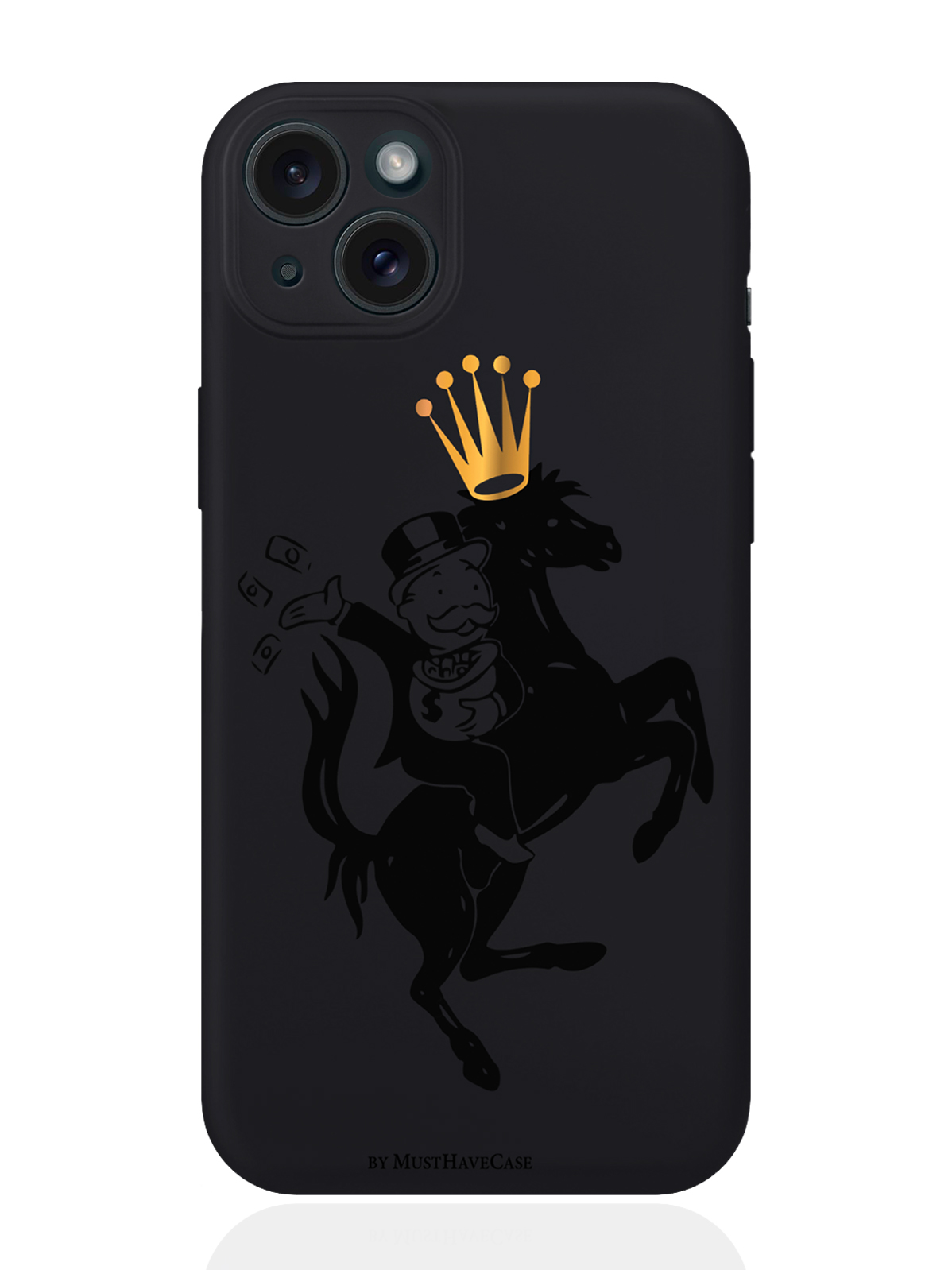 

Чехол для смартфона iPhone 15 Plus Monopoly на коне силиконовый черный, Черный;золотой